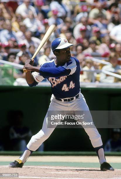 Outfielder Hank Aaron of the Atlanta Braves at the plate waiting on the pitch circa early 1970's during a Major League Baseball game. Aaron played...