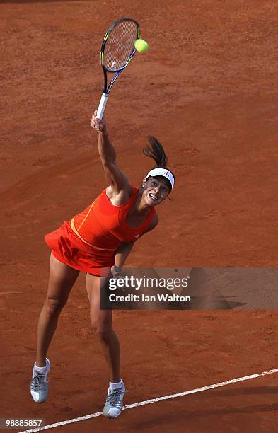 Ana Ivanovic of Serbia in action against Nadia Petrova of Russia during Day Foir of the Sony Ericsson WTA Tour at the Foro Italico Tennis Centre on...