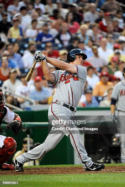 Thirdbaseman Chipper Jones of the Atlanta Braves swings at a pitch during the top of the third inning of a game on May 5, 2010 against the Washington...