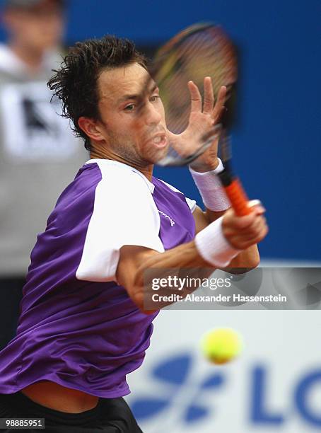 Simon Greul of Germany plays a backhand during his match against Marin Cilic of Croatia on day 5 of the BMW Open at the Iphitos tennis club on May 6,...