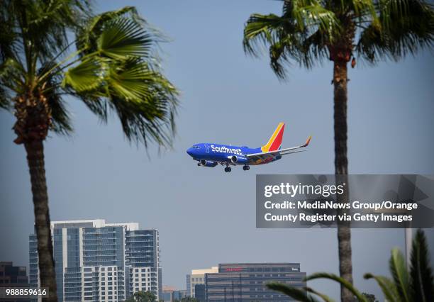 Southwest jet approaches John Wayne Airport in Santa Ana, California, on Wednesday, September 6, 2017. "n"n