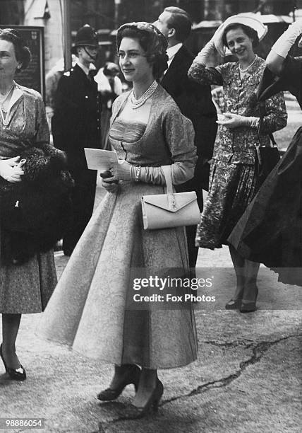 Princess Margaret attends the wedding of the Honourable Gerald Lascelles and Miss Angela Dowding at St Margaret's Church, Westminster, 15th July...
