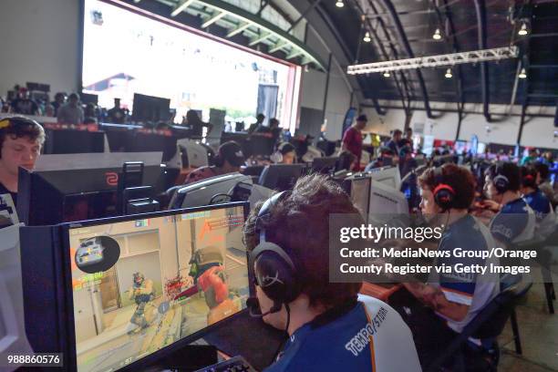 Gamers compete in the iBUYPOWER Tournament in The Hanger during the last day of the OC Fair in Costa Mesa, California, on Sunday, August 13, 2017....