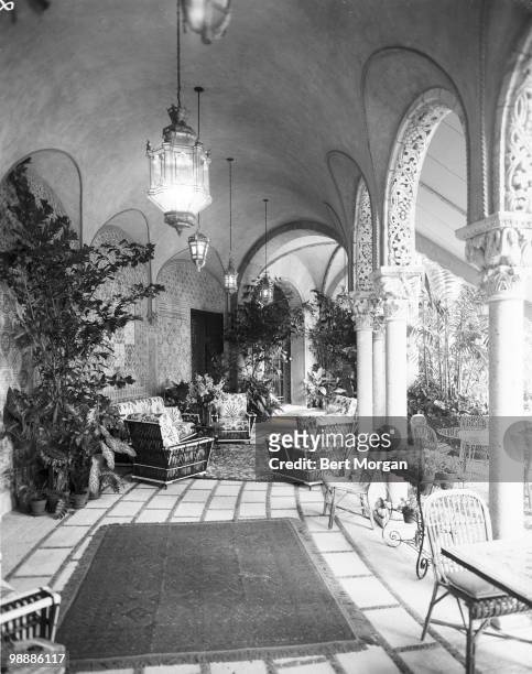 View along a covered terrace at Mar-a-Lago , Palm Beach, Florida, mid 1950s. The residence, designed by Marion Sims Wyeth and Joseph Urban, was the...
