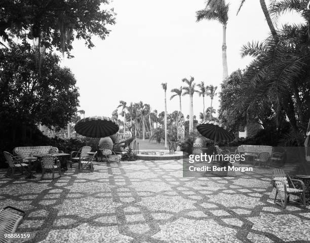 Exterior view of a tiled garden terrace at Mar-a-Lago , Palm Beach, Florida, mid 1950s. The residence, designed by Marion Sims Wyeth and Joseph...