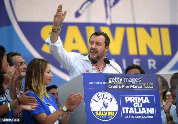 Matteo Salvini, Minister of Interior during his speech at the Lega Nord Meeting on July 1, 2018 in Pontida, Bergamo, Italy.The annual meeting of the...