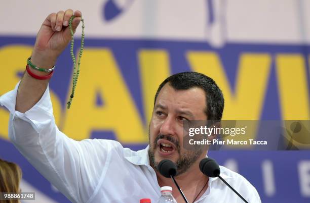 Matteo Salvini, Minister of Interior during his speech at the Lega Nord Meeting on July 1, 2018 in Pontida, Bergamo, Italy.The annual meeting of the...