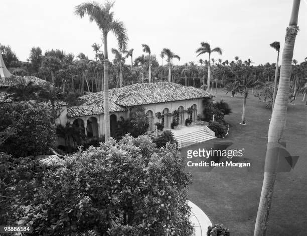 High-angle exterior view of the grounds at Mar-a-Lago , Palm Beach, Florida, mid 1950s. The residence, designed by Marion Sims Wyeth and Joseph...