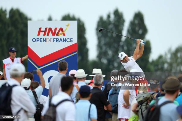 Sergio Garcia of Spain hits his tee shot on the 9th hole during day four of the HNA Open de France at Le Golf National on July 1, 2018 in Paris,...