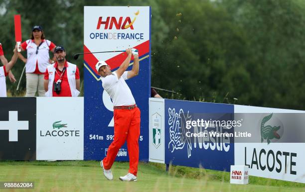 Sergio Garcia of Spain hits his tee shot on the 9th hole during day four of the HNA Open de France at Le Golf National on July 1, 2018 in Paris,...