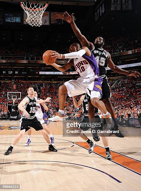 Leandro Barbosa of the Phoenix Suns goes to the basket against DeJuan Blair of the San Antonio Spurs in Game One of the Western Conference Semifinals...