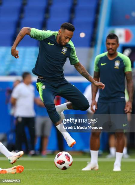 Neymar in action during a Brazil training session ahead of the Round 16 match against Mexico at Samara Arena on July 1, 2018 in Samara, Russia.