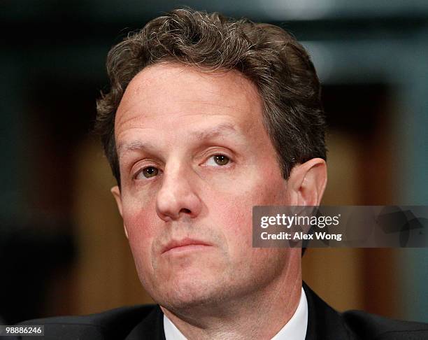 Treasury Secretary Timothy Geither testifies during a hearing before the Financial Crisis Inquiry Commission May 6, 2010 on Capitol Hill in...