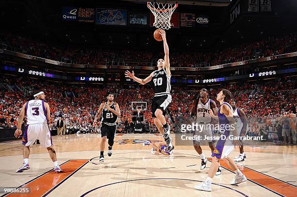 Manu Ginobili of the San Antonio Spurs lays up a shot against the Phoenix Suns in Game One of the Western Conference Semifinals during the 2010 NBA...