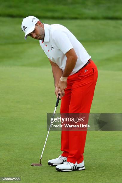 Sergio Garcia of Spain watches his putt on the 8th hole during day four of the HNA Open de France at Le Golf National on July 1, 2018 in Paris,...