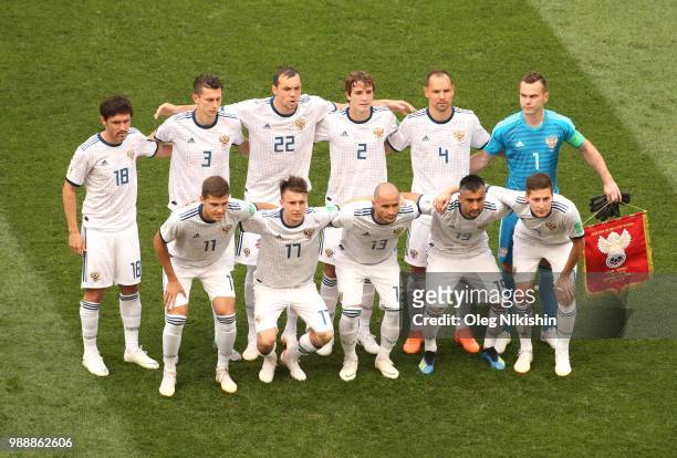 The Russia team line up ahead of the 2018 FIFA World Cup Russia Round of 16 match between Spain and Russia at Luzhniki Stadium on July 1, 2018 in...