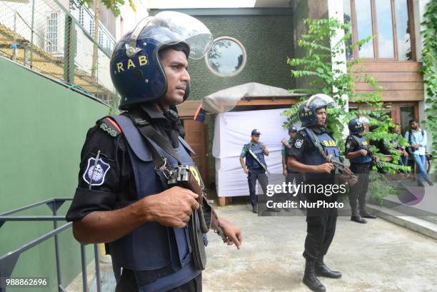 Bangladeshi military in front of the building once housed the Holey Artisan Bakery, on the second anniversary of the deadly hostage crisis at the...