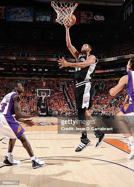 Tim Duncan of the San Antonio Spurs goes to the basket against the Phoenix Suns in Game One of the Western Conference Semifinals during the 2010 NBA...