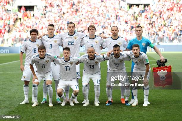 The Russia team line up ahead of the 2018 FIFA World Cup Russia Round of 16 match between Spain and Russia at Luzhniki Stadium on July 1, 2018 in...