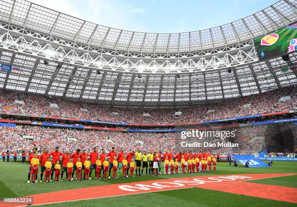 Spain and Russia line up prior to the 2018 FIFA World Cup Russia Round of 16 match between Spain and Russia at Luzhniki Stadium on July 1, 2018 in...