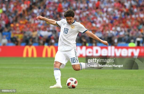 Yury Zhirkov in action during the 2018 FIFA World Cup Russia Round of 16 match between Spain and Russia at Luzhniki Stadium on July 1, 2018 in...