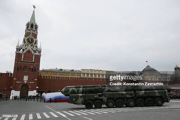 Russian nuclear powered missile Topol M rolls along the Red Square during the general rehearsal of the Victory Day parade May 06, 2010 in Moscow,...