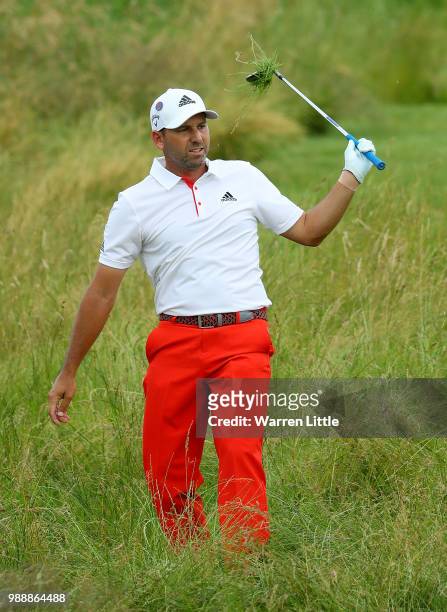 Sergio Garcia of Spain plays his second shot on the 9th hole during day four of the HNA Open de France at Le Golf National on July 1, 2018 in Paris,...