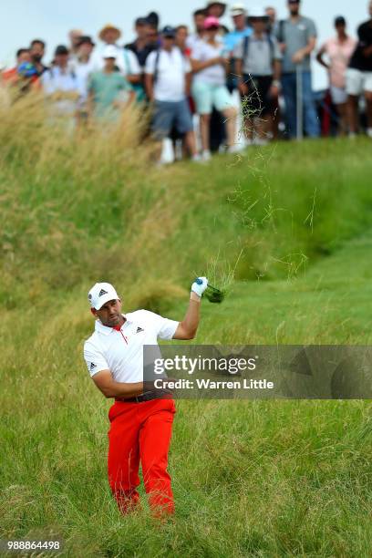 Sergio Garcia of Spain plays his second shot on the 9th hole during day four of the HNA Open de France at Le Golf National on July 1, 2018 in Paris,...