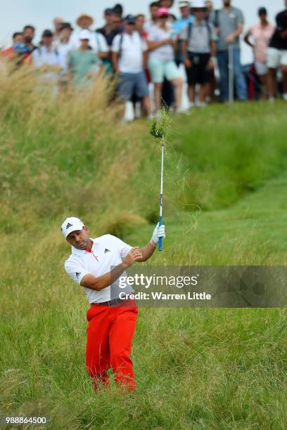 Sergio Garcia of Spain plays his second shot on the 9th hole during day four of the HNA Open de France at Le Golf National on July 1, 2018 in Paris,...