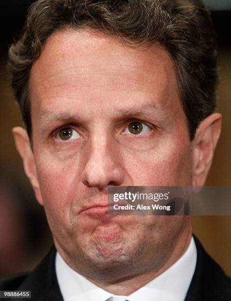 Treasury Secretary Timothy Geither testifies during a hearing before the Financial Crisis Inquiry Commission May 6, 2010 on Capitol Hill in...