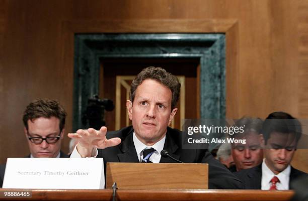 Treasury Secretary Timothy Geither testifies during a hearing before the Financial Crisis Inquiry Commission May 6, 2010 on Capitol Hill in...