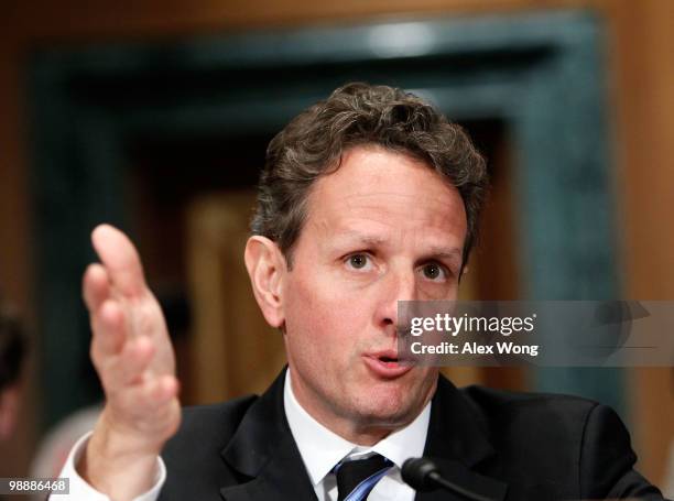 Treasury Secretary Timothy Geither testifies during a hearing before the Financial Crisis Inquiry Commission May 6, 2010 on Capitol Hill in...