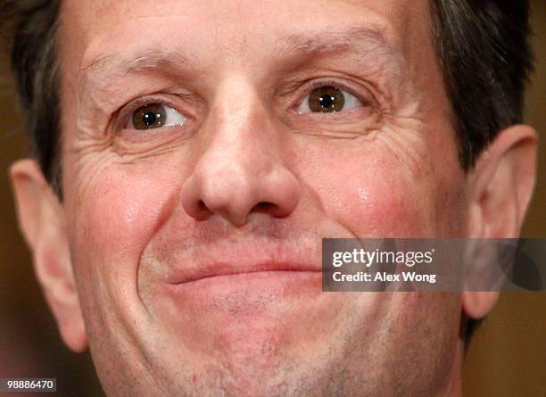 Treasury Secretary Timothy Geither testifies during a hearing before the Financial Crisis Inquiry Commission May 6, 2010 on Capitol Hill in...