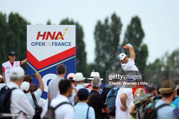 Sergio Garcia of Spain plays his tee shot on the 9th hole during day four of the HNA Open de France at Le Golf National on July 1, 2018 in Paris,...