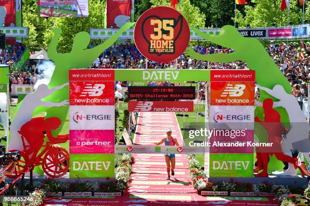 Kaisa Sali of Finland celebrates her third place during the DATEV Challenge Roth 2018 on July 1, 2018 in Roth, Germany.