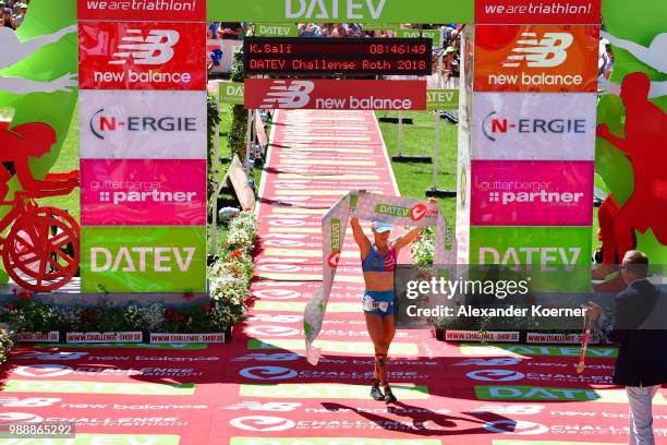 Kaisa Sali of Finland celebrates her third place during the DATEV Challenge Roth 2018 on July 1, 2018 in Roth, Germany.