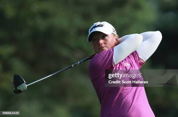 Stacy Lewis hits her tee shot on the fifth hole during the final round of the KPMG Women's PGA Championship at Kemper Lakes Golf Club on July 1, 2018...