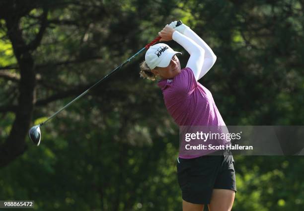 Stacy Lewis hits her tee shot on the second hole during the final round of the KPMG Women's PGA Championship at Kemper Lakes Golf Club on July 1,...