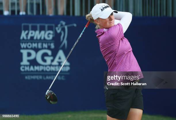 Stacy Lewis hits her tee shot on the first hole during the final round of the KPMG Women's PGA Championship at Kemper Lakes Golf Club on July 1, 2018...