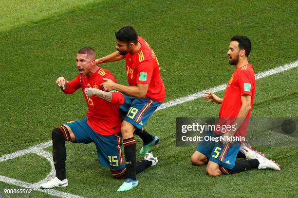 Sergio Ramos of Spain celebrates after Sergey Ignashevich of Russia scores an own goal for Spain's first goal during the 2018 FIFA World Cup Russia...