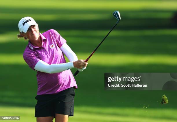 Stacy Lewis hits a pitch shot on the second hole during the final round of the KPMG Women's PGA Championship at Kemper Lakes Golf Club on July 1,...