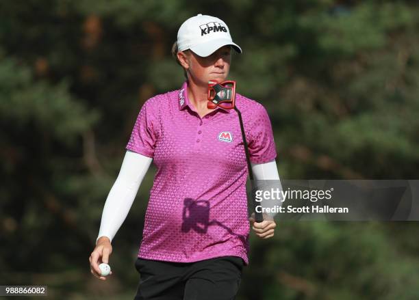 Stacy Lewis walks off the second green during the final round of the KPMG Women's PGA Championship at Kemper Lakes Golf Club on July 1, 2018 in...