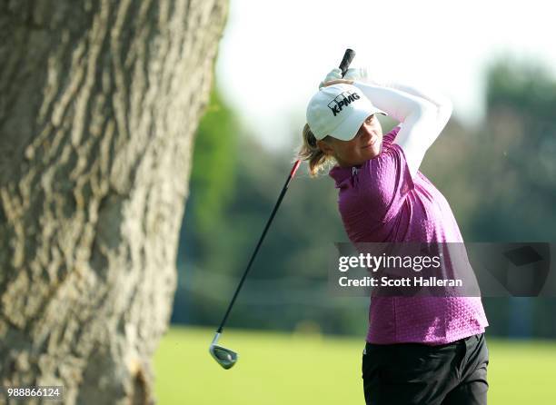 Stacy Lewis hits a shot on the second hole during the final round of the KPMG Women's PGA Championship at Kemper Lakes Golf Club on July 1, 2018 in...