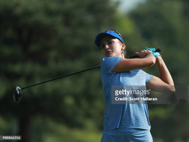 Lexi Thompson hits her tee shot on the fifth hole during the final round of the KPMG Women's PGA Championship at Kemper Lakes Golf Club on July 1,...