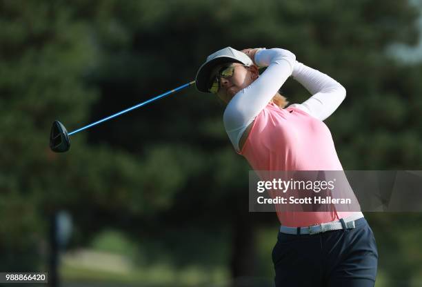 Michelle Wie hits her tee shot on the fifth hole during the final round of the KPMG Women's PGA Championship at Kemper Lakes Golf Club on July 1,...