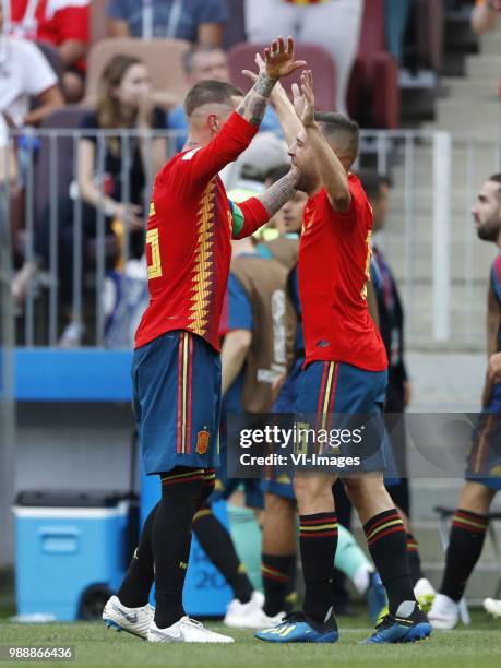 Sergio Ramos of Spain, Jordi Alba of Spain during the 2018 FIFA World Cup Russia round of 16 match between Spain and Russia at the Luzhniki Stadium...