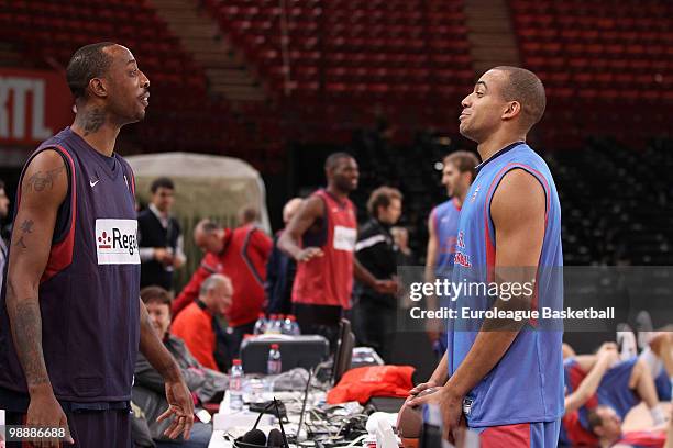 Terence Morris, #23 of Regal FC Barcelona talks to Victor Keyru, #7 of CSKA Moscow after the CSKA Moscow training session at Bercy Arena on May 6,...