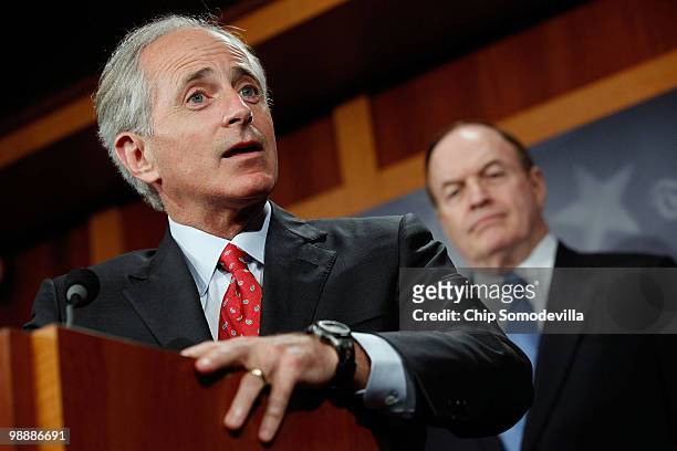 Senate Financial Services Committee members Sen. Bob Corker and Sen. Richard Shelby hold a news conference about a proposed amendment to the...