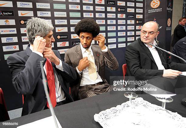 Head Coach Panagiotis Giannakis of Olympiacos Piraeus and Josh Childress, #6 of Olympiacos Piraeus attend the Final Four Presentation Press...