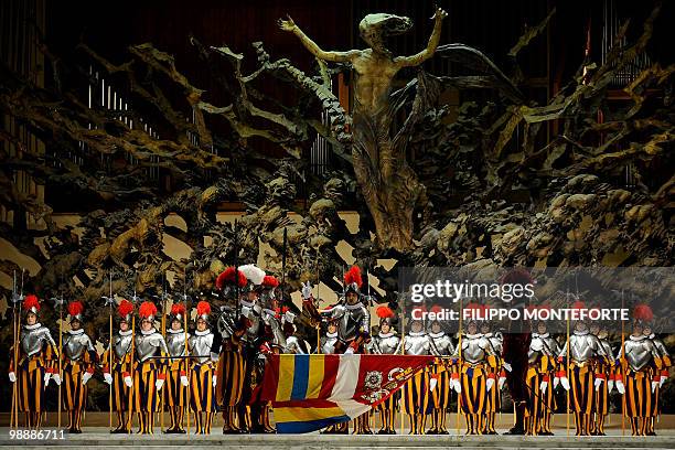 One of 31 Swiss guard swears-in on May 6, 2010 in Paul VI Hall at the Vatican. 31 Swiss guards were sworn-in on the anniversary of the sacking of...